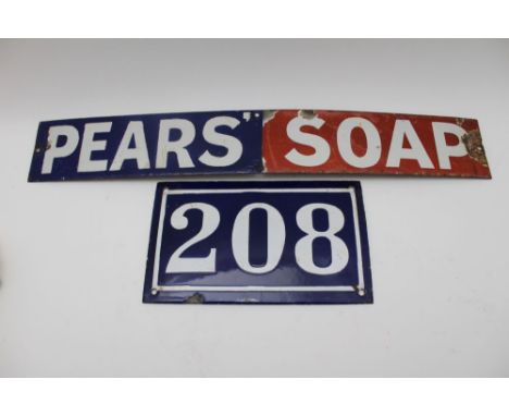 An early 20th century enamel sign 'Pears Soup', 7cm x 47cm, together with a French enamel house No. 208, white on blue, 12cm 