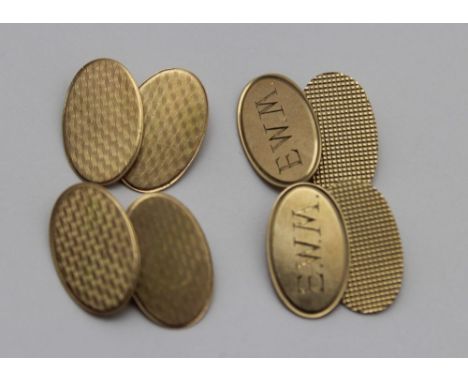 Two pairs of 9ct gold cufflinks, chain link type, one pair monogrammed the others engine turned combined weight; 7.5g 