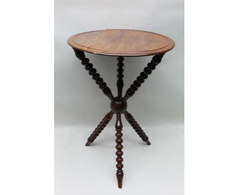 A late 19th-century mahogany circular topped gypsy table, bobbin turned cat design three legged base, 76 cm high x 54 cm in d