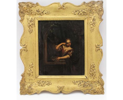 19th Century Continental School 'Listening to the Watch' (Young woman in an archway with fruit and hanging game, oil painting