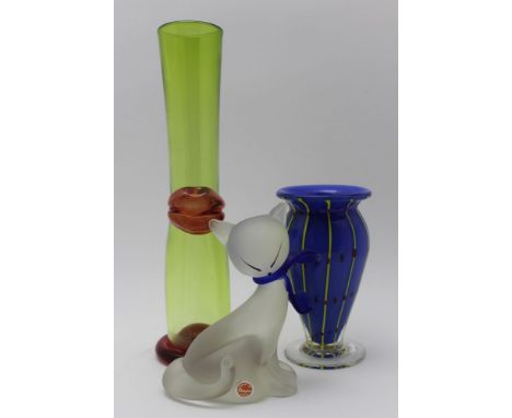 Three items of Murano Art Glass, includes a green cylinder vase, with applied red lips, engraved signature & dated (19)98, to