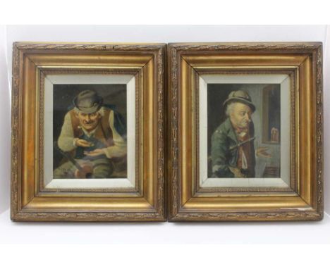 H Edelsy 'Poor Musicians', a few coins in hand, a pair of oil paintings on panel, 20cm x 15cm, signed, gilt framed &amp; glaz