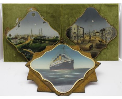 A reverse painted glass picture, 'White Star Liner 'Olympic', the largest steamer in the World', serpentine shaped glass pane