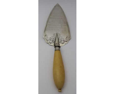 Henry Wilkinson &amp; Co. A Victorian silver bladed presentation trowel with turned ivory handle (inscription relates to Barr