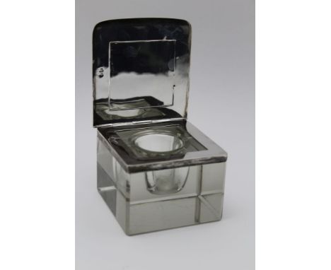 Hardy Brothers, an Art Deco silver mounted glass desk inkwell, with clear glass removable liner, Birmingham 1925 