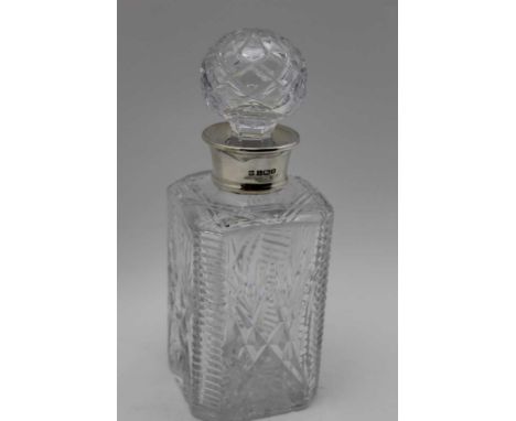 Barker Ellis Silver Co. A modern silver collared square cut glass spirit decanter, with globe stopper 