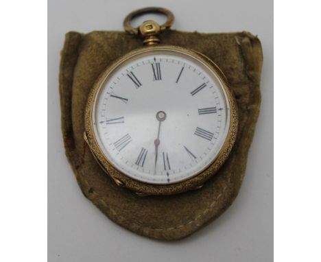 A late 19th century ladies 18k cased pocket / fob watch, decoratively chased, white enamel dial with Roman numerals, the watc