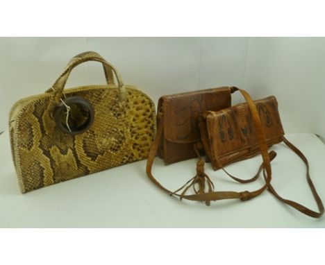 THREE SNAKESKIN LADY'S HANDBAGS and a SNAKESKIN BANGLE 