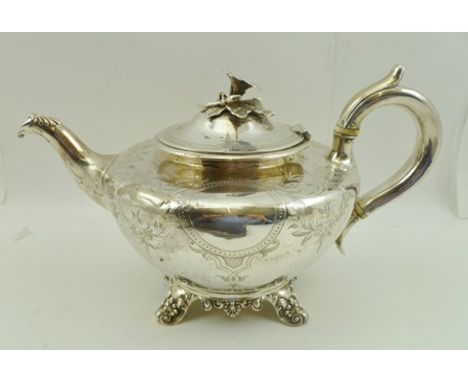 JOSEPH ANGELL AND JOHN ANGEL A LATE WILLIAM IV EARLY VICTORIAN DECORATIVE SILVER TEAPOT, having cast floral knop to the hinge