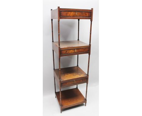 A REGENCY MAHOGANY FOUR-TIER WHATNOT, of square form, the upper three tiers fitted single full width drawer, the whole suppor