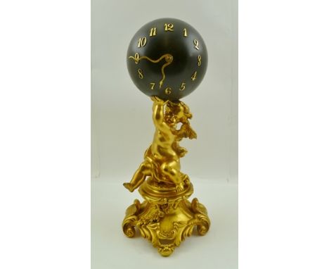 AN ORMOLU GLOBE MANTEL CLOCK, having gilded putti supports on bronzed orb with applied Arabic numerals, the putti seated upon