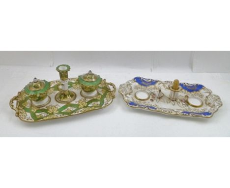 A MID-19TH CENTURY PORCELAIN STANDISH, green glazed and gilded, tray with two handles, central taper stick holder and a pair 