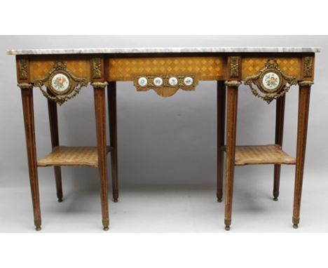 A CONTINENTAL FRENCH RESTORATION STYLE CONSOLE TABLE, having inverted breakfront with marble top, the frieze parquetry inlaid