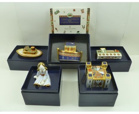ROYAL CROWN DERBY TREASURES OF CHILDHOOD - five ceramic models including; Rag Doll, Fort, Noah's Ark, Steam Train and Tug Boa