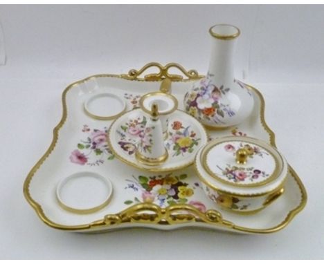 AN EARLY 19TH CENTURY BLOOR DERBY PORCELAIN DESK STAND with gilded handles, hand-painted floral decoration, together with the