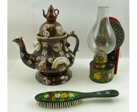 A COLLECTION OF THREE BARGE WARE ITEMS includes a treacle glaze pottery teapot on stand, strapwork inscription "Edwin Ashwood
