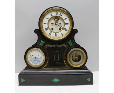 A SUBSTANTIAL LATE VICTORIAN BLACK SLATE MANTEL CLOCK, the main dial with Arabic numerals inscribed "Swinden and Son Paris", 