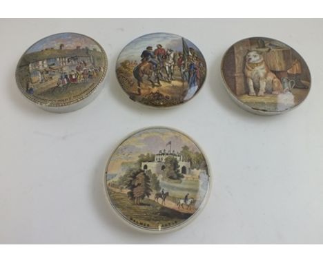 A COLLECTION OF FOUR VICTORIAN CERAMIC PRATT POT LIDS, comprising "Low Life", "Shakspeares House, Henley Street, Stratford-on