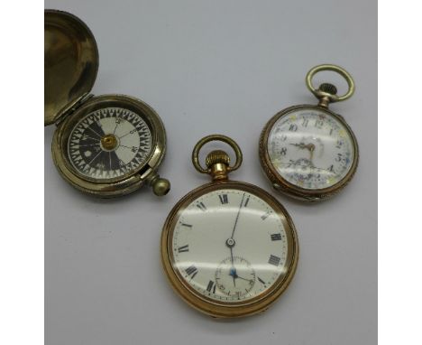 A rolled gold pocket watch, a French silver pocket watch, crystal a/f, and a pocket compass, a/f, marked Sherwood & Co., Lond