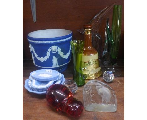 A Wedgwood Jasperware dark blue planter, other Wedgwood Jasperware, a Wade Bell's whisky decanter, a glass model of a toucan 