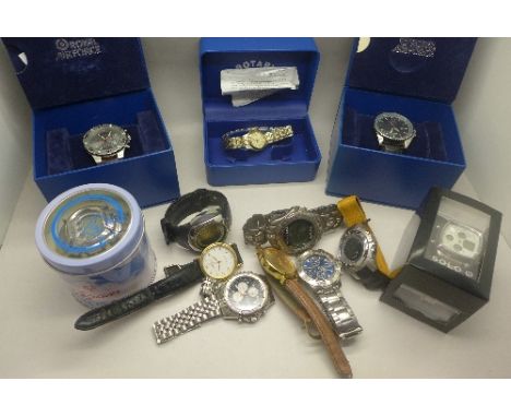 Twelve wristwatches; two with RAF logo, a lady's Rotary, Accurist, Timex, etc.