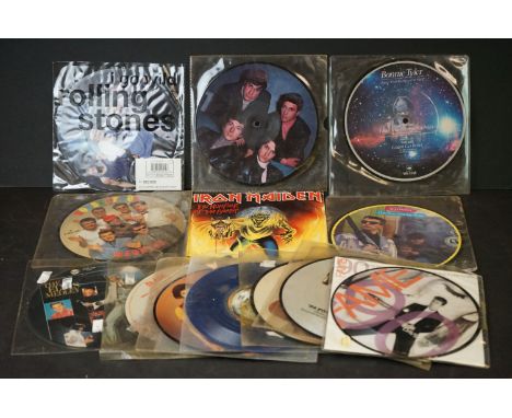 Vinyl - 15 7" picture / colour discs featuring various artists including Rolling Stones, Iron Maiden, Slade, David Bowie, Mad