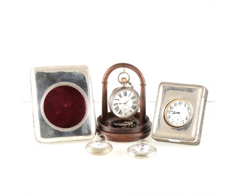 Two silver faced pocket watch cases, large silver pocketwatch on silver albert chain and fob (under a glass dome); Elgin Illi
