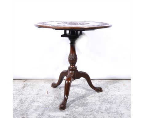 Carved oak pedestal table, circular tilt top, birdcage under-section, pear-shaped column, tripod legs, diameter 71cm.