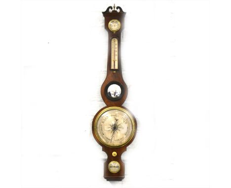 A Mahogany banjo barometer, signed P. MANTOVA LUTON, 99cm high.