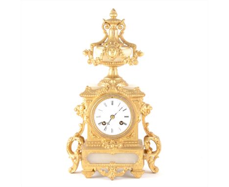 A gilt spelter and alabaster French mantel clock, 19th Century style, the white circular enamelled dial with Roman numerals, 