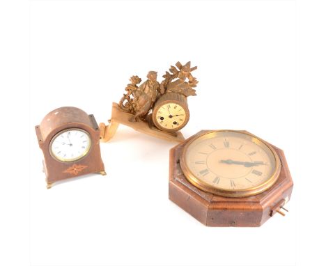 Clock parts: Hexagonal wall clock, inlay mantel clock and a French gilt and alabaster clock (broken), and two clock stands.