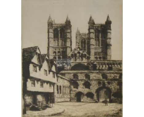 A collection of seven etchings and prints, Edinburgh, Worcester Cathedral, after J R Hutchinson Rye Sussex, after Fred Stanto
