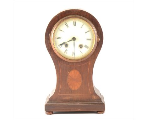 An Edwardian 8 day inlaid balloon shaped mantel clock, cylinder movement, 28.5cm.