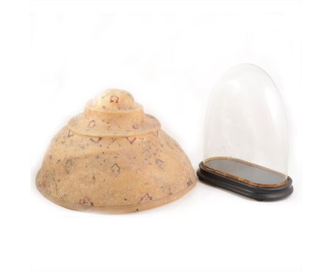 A glass dome on ebonised stand, width of dome base 27cm, height of dome 31cm; and a moulded and painted hide light shade, as 