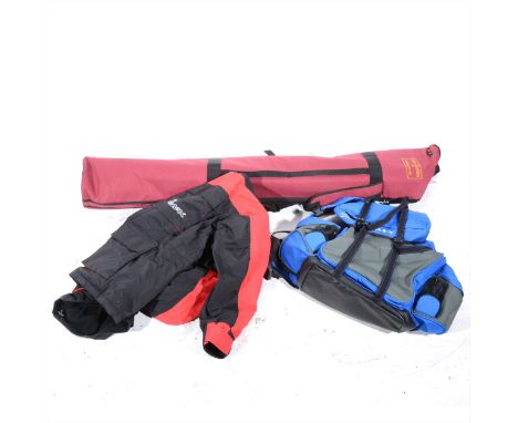 A quantity of fishing equipment and accessories for beach and coarse fishing, including rod bags, tackle boxes, Sonik fish ba