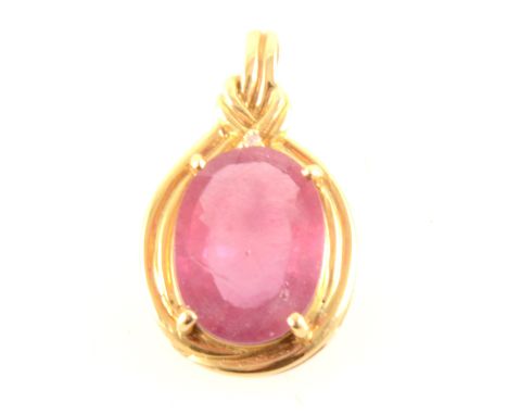 A "Royal Ruby" and diamond pendant, the oval mixed cut "Royal Ruby" 15mm x 11mm, approximate weight 6.947gms, four claw set w