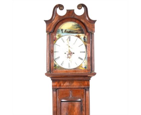 A Scottish mahogany longcase clock, arched painted dial signed A Wright, Airdrie, painted with a coastal scene to the lunette