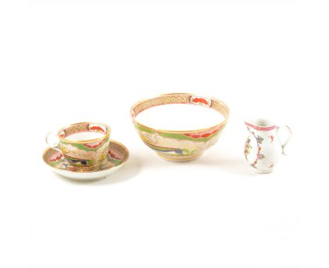 A Worcester polychrome tea cup, saucer and basin, scratch 'B' mark, oriental style decoration in polychrome enamels, the basi
