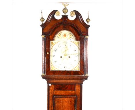 An oak and mahogany longcase clock, probably 19th Century, arched painted dial, indistinctly signed, second dial and dater ap