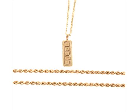 A 9 carat yellow gold rope design necklace and a 9 carat ingot and chain, the 5mm gauge hollow rope design necklace 60cm long