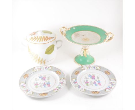 Six Copeland Spode plates, other plates, a Worcester Evesham ware biscuit barrel, and a Staffordshire pottery cake stand, 23c