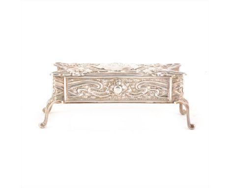 A silver trinket box with drawer, M Bros, Birmingham 1903, Art Nouveau embossed floral design, engraved initials to cartouche