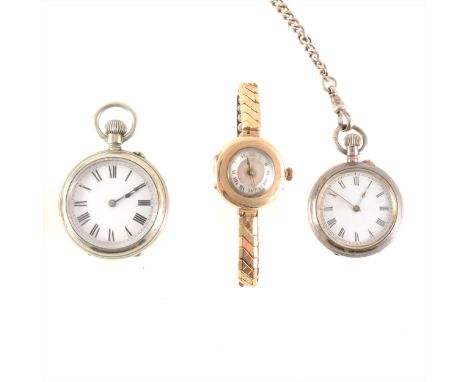 A Victorian silver-plated fob watch, silver chain with two silver ring seals, plus a lady's 9 carat gold wristwatch, expandin