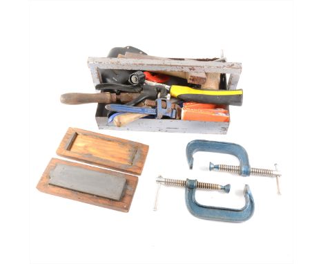 Collection of tools, clamps and vices, and Tri-ang crane.