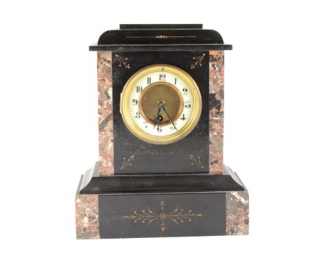 A Victorian slate mantel clock, ivorine chapter ring with Arabic numerals, 32cm.