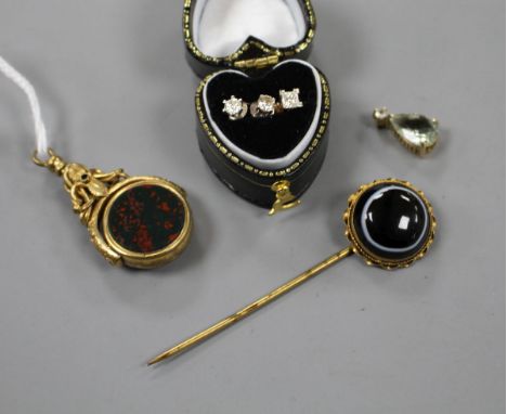 Three assorted diamond set ear studs, a pinchbeck and chalcedony fob, stick pin and a pendant(a.f.).