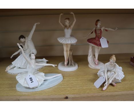 A Coalport limited edition group, 'Fonteyn and Nureyev', No. 651/1250 and four other figures of dancers, two by Coalport, Mar