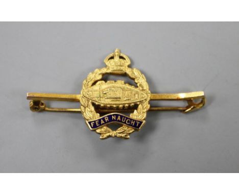 A George V 9ct and enamel Royal Tank Regiment 'Fear Naught' sweethearts brooch, 45mm.
