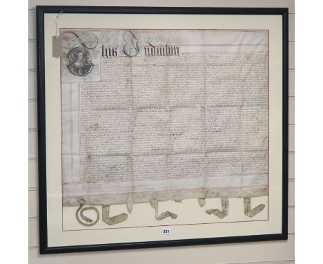 A framed and glazed Charles II indenture with portrait of Catherine of Braganza, this indenture relates to the purchase of so