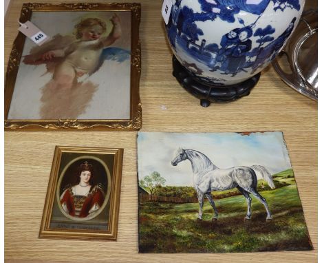 Attributed to Louisa, Marchioness of Waterford, study of a cherub, oil on board and two oils on copper, one a small portrait 